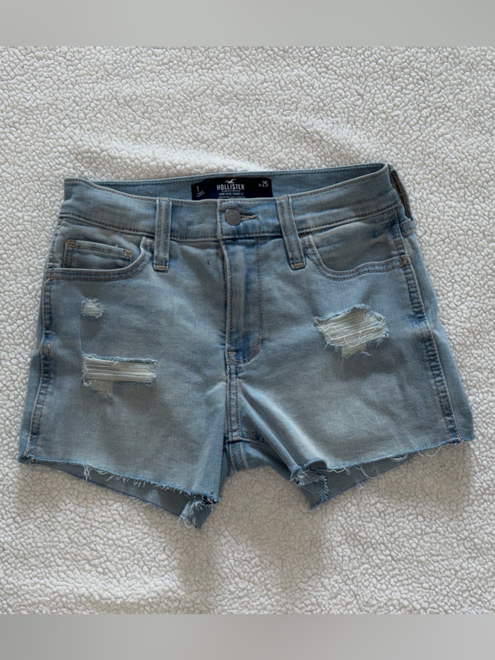 HOLLISTER Blue Distressed Jean Shorts denim mid-rise stretch 3in SIZE 1 25 waist